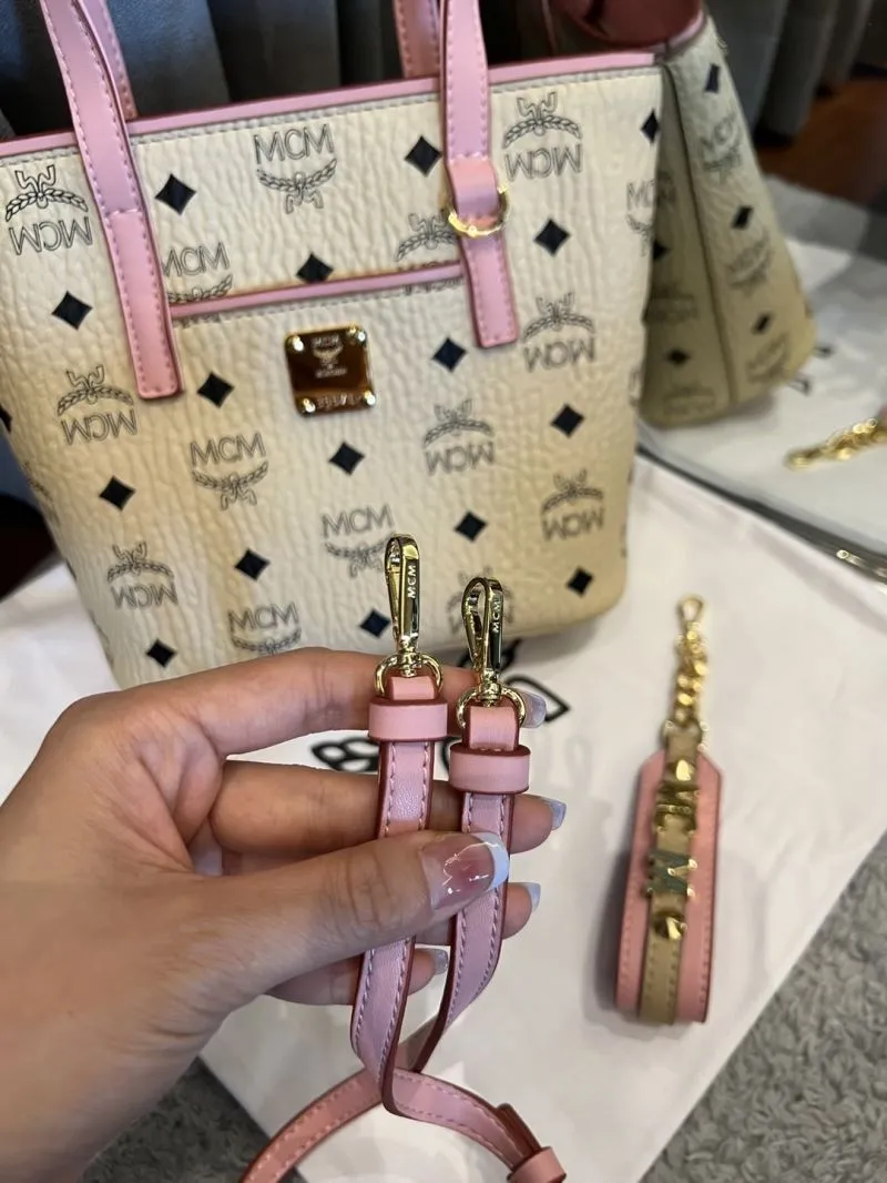 MCM Beige Pink Mini Tote Bag with Strap - Image 8