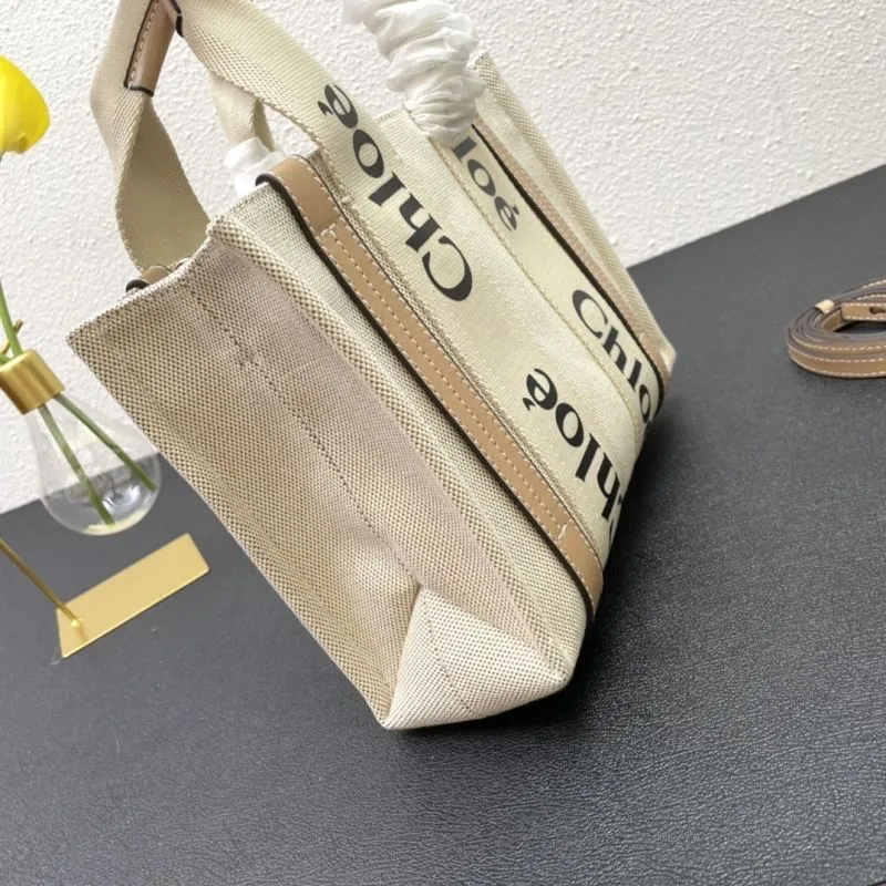 Chloe Small Beige Canvas Tote Crossbody Bag - Image 4