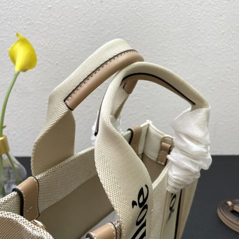 Chloe Small Beige Canvas Tote Crossbody Bag - Image 6