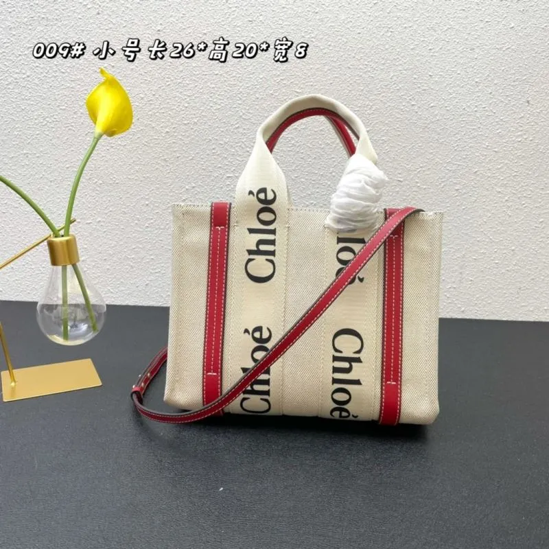Chloe Small Beige Canvas Tote Bag with Red Straps - Image 3