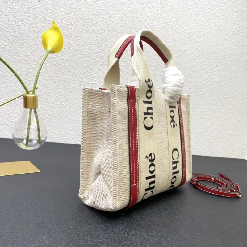 Chloe Small Beige Canvas Tote Bag with Red Straps - Image 4