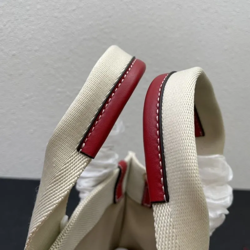 Chloe Small Beige Canvas Tote Bag with Red Straps - Image 6