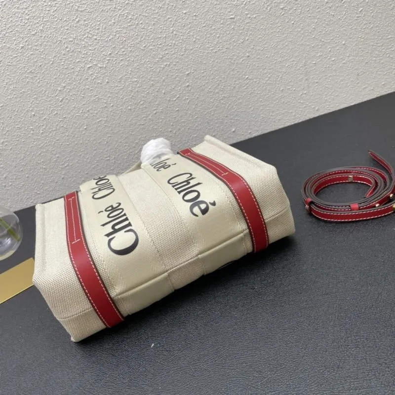 Chloe Small Beige Canvas Tote Bag with Red Straps - Image 7