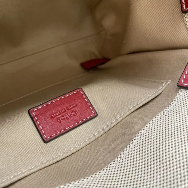 Chloe Small Beige Canvas Tote Bag with Red Straps - Image 9