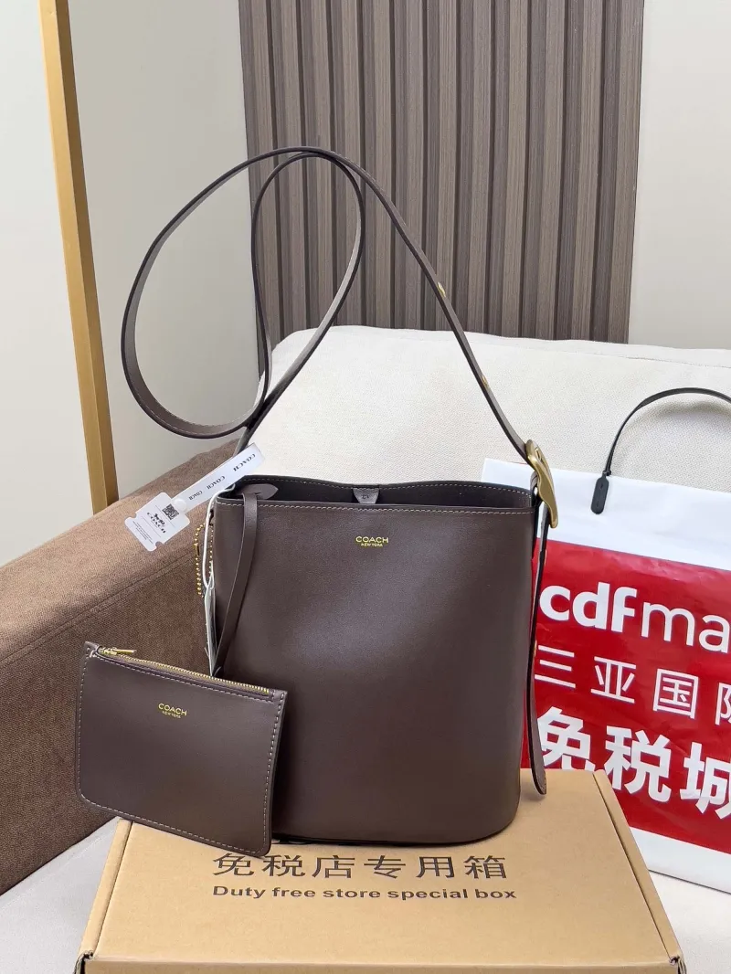 Coach Brown Leather Bucket Bag with Small Pouch - Image 4
