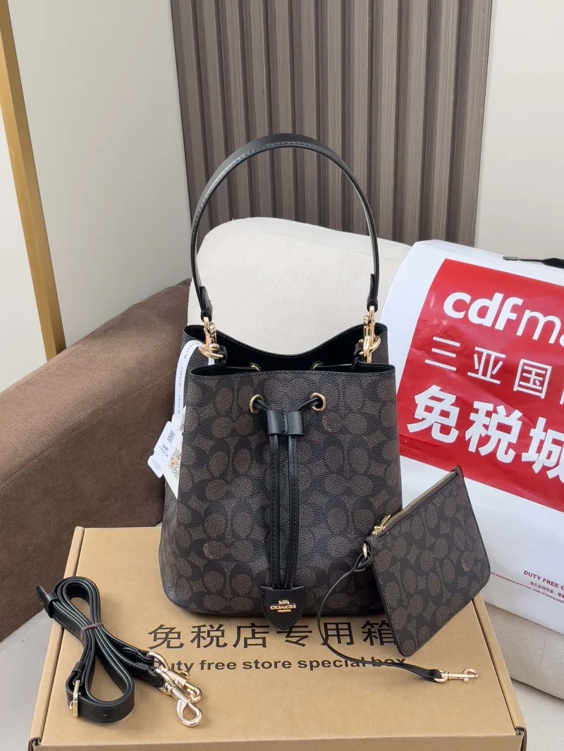 Coach Signature Brown Bucket Bag with Small Pouch - Image 4