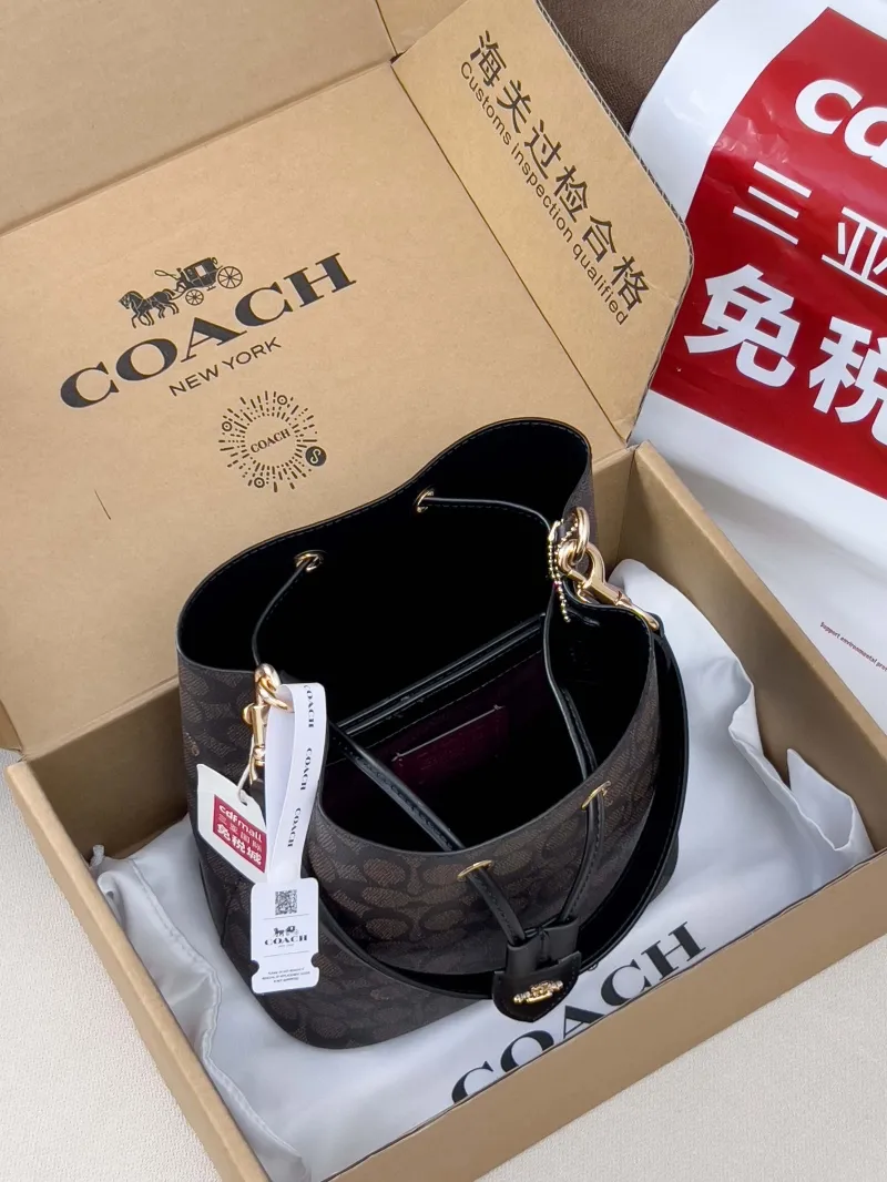 Coach Signature Brown Bucket Bag with Small Pouch - Image 5