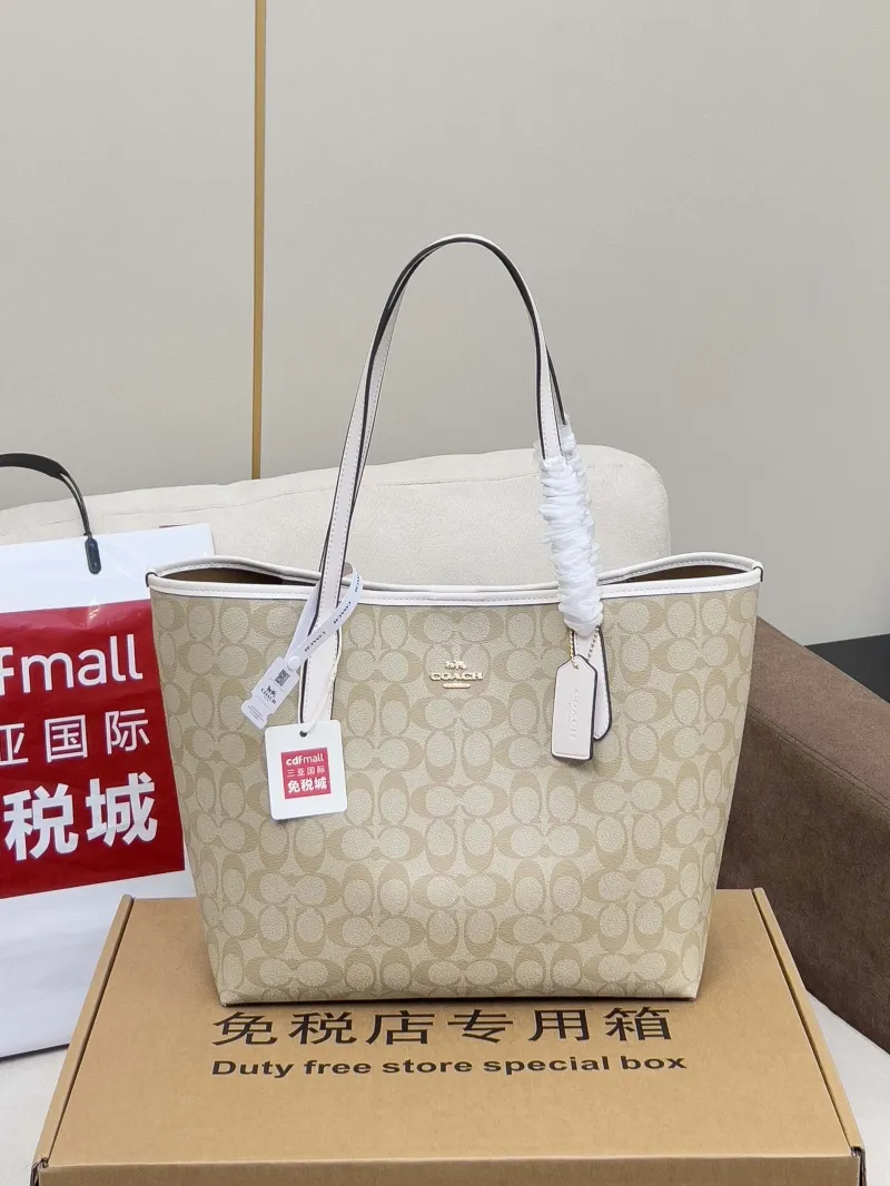 Coach Signature Tote Bag Light Beige with White Trim - Image 4