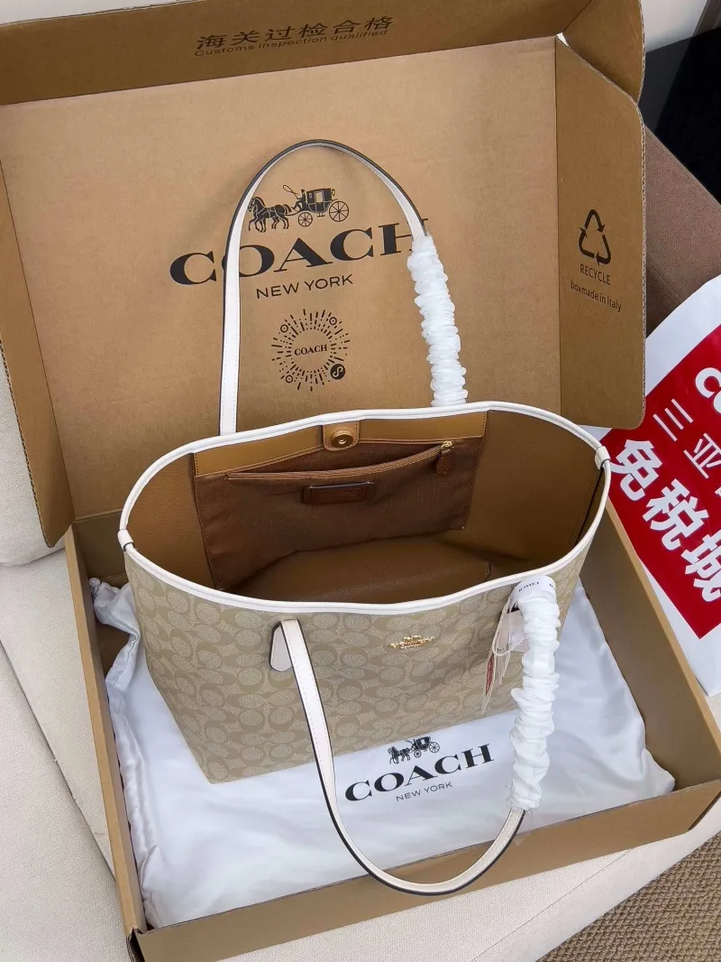 Coach Signature Tote Bag Light Beige with White Trim - Image 5