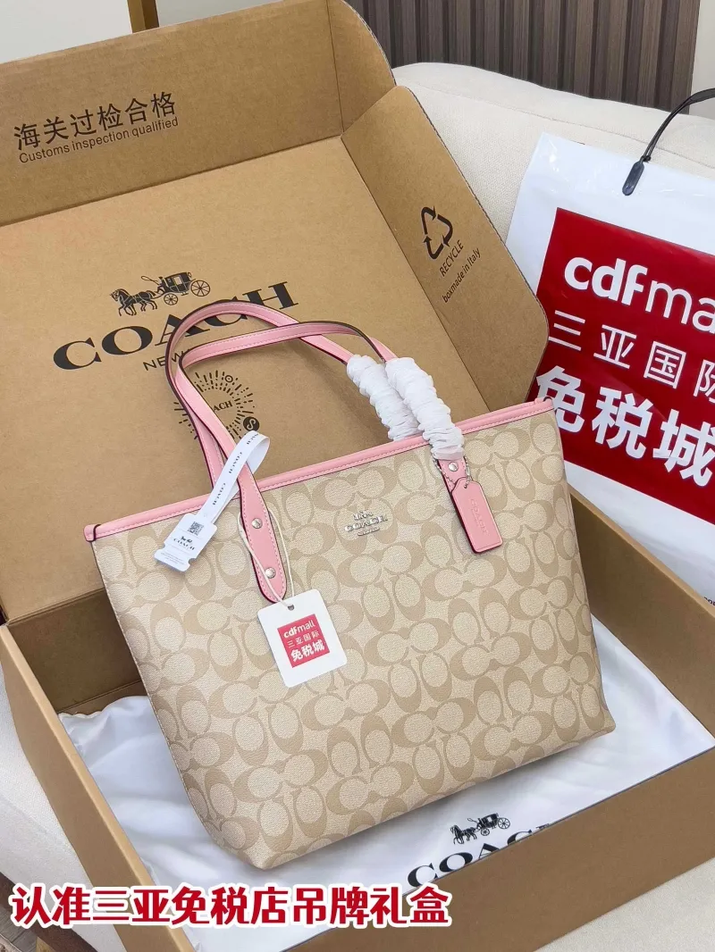 Coach Signature Tote Bag Light Beige with Pink Trim