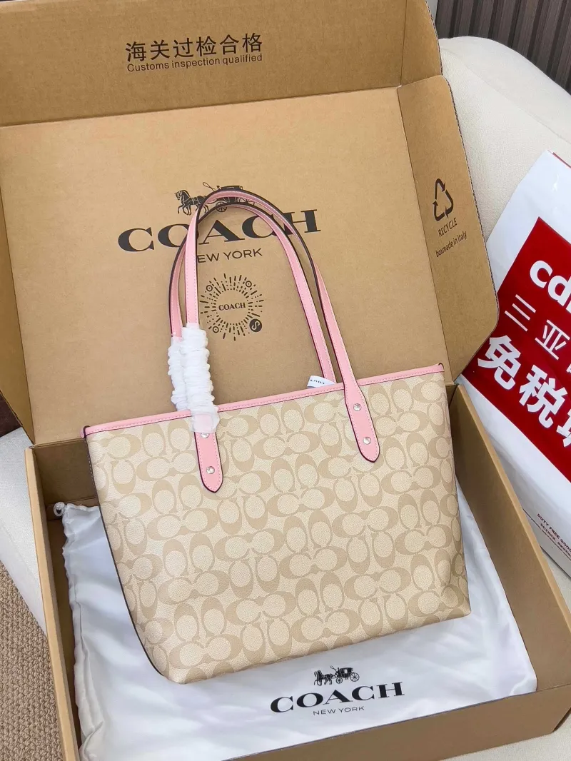 Alternative view of Coach Signature Tote Bag Light Beige with Pink Trim
