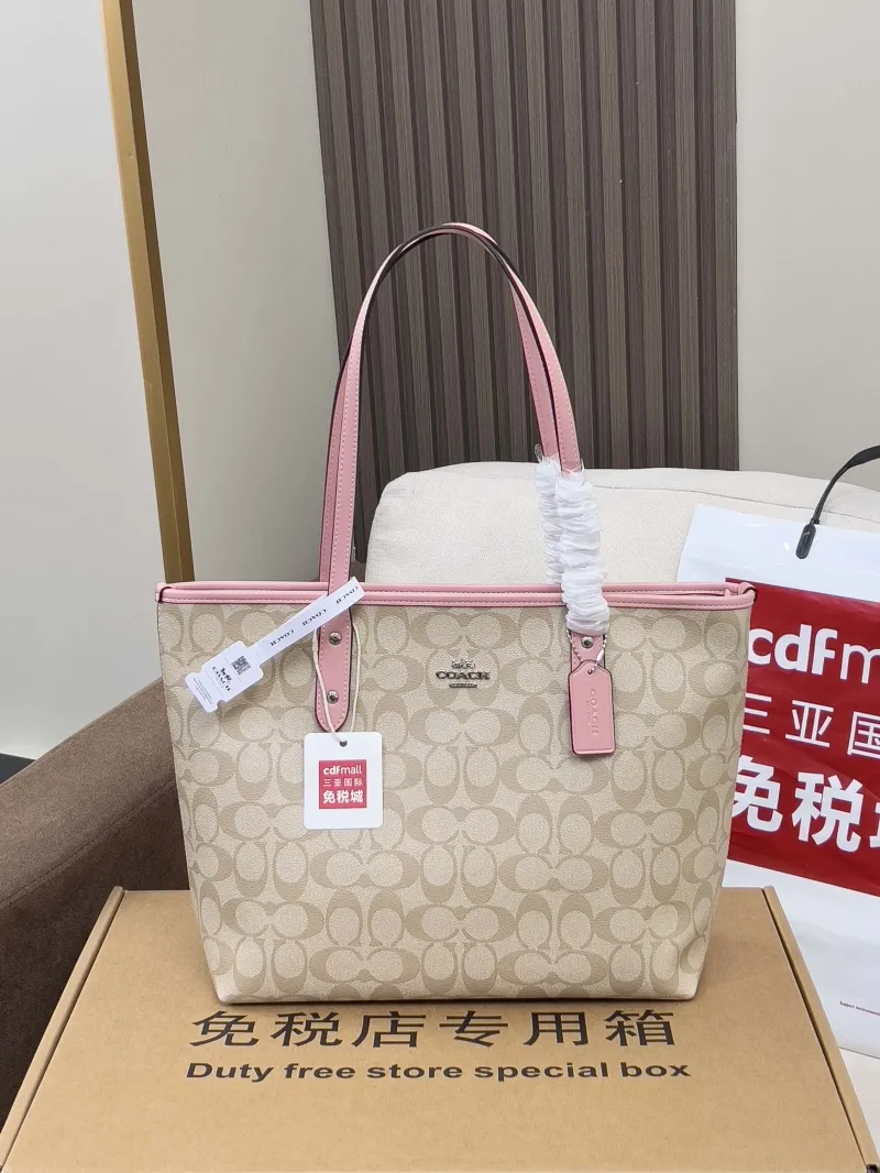 Coach Signature Tote Bag Light Beige with Pink Trim - Image 4