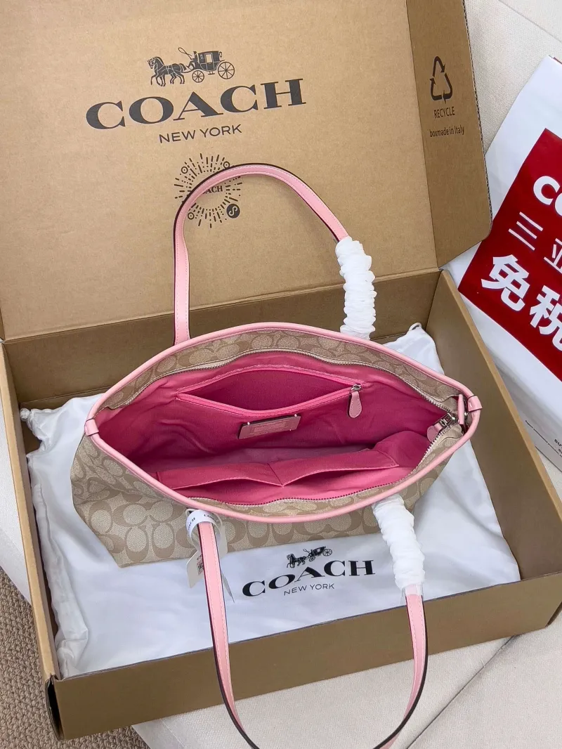Coach Signature Tote Bag Light Beige with Pink Trim - Image 5