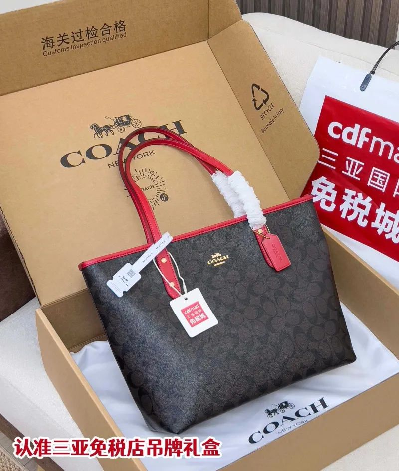 Coach Signature Tote Bag Dark Brown Red Trim