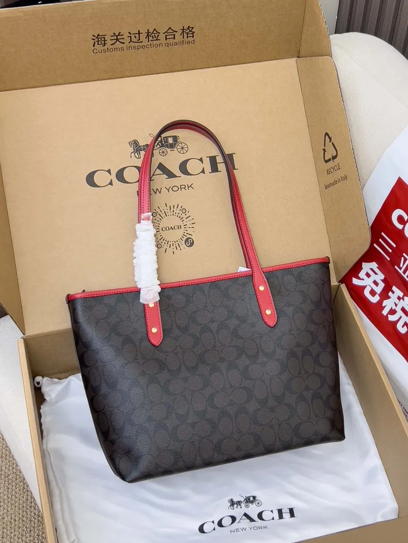 Alternative view of Coach Signature Tote Bag Dark Brown Red Trim