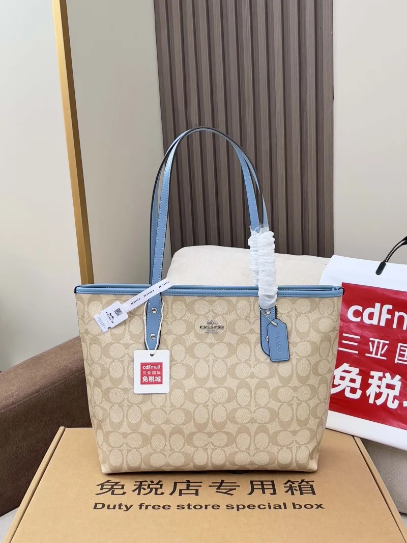 Coach Signature Light Beige Blue Tote Bag - Image 4