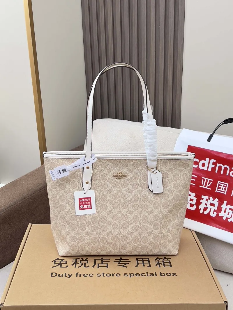 Coach Signature Tote Bag Light Beige White Trim - Image 4