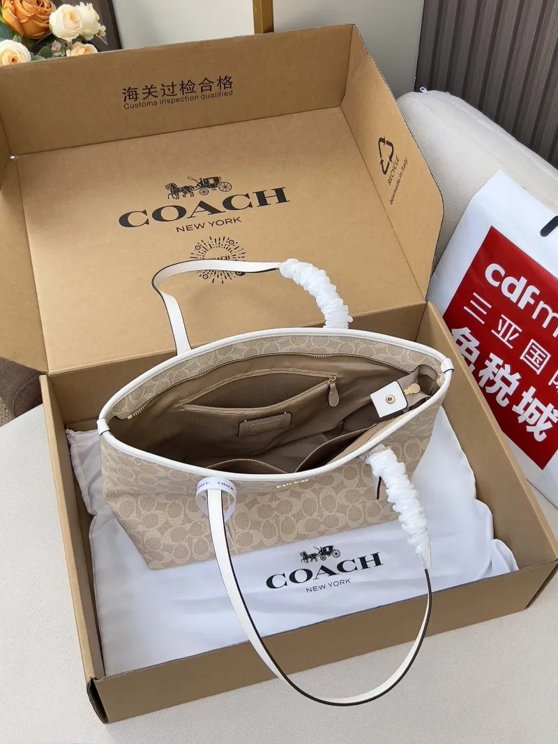 Coach Signature Tote Bag Light Beige White Trim - Image 5