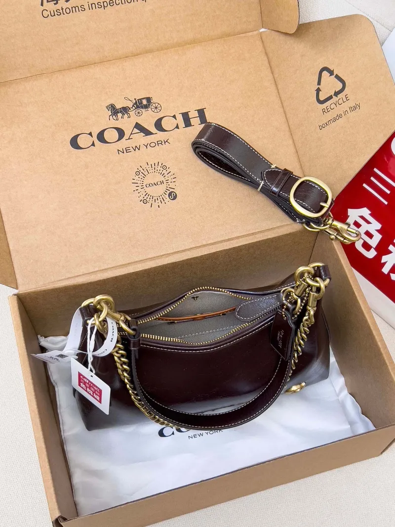 Coach Dark Brown Leather Chain Hobo Bag - Image 5