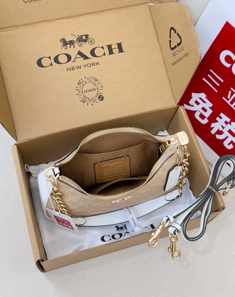Coach Signature Beige White Top Handle Crossbody Bag - Image 5