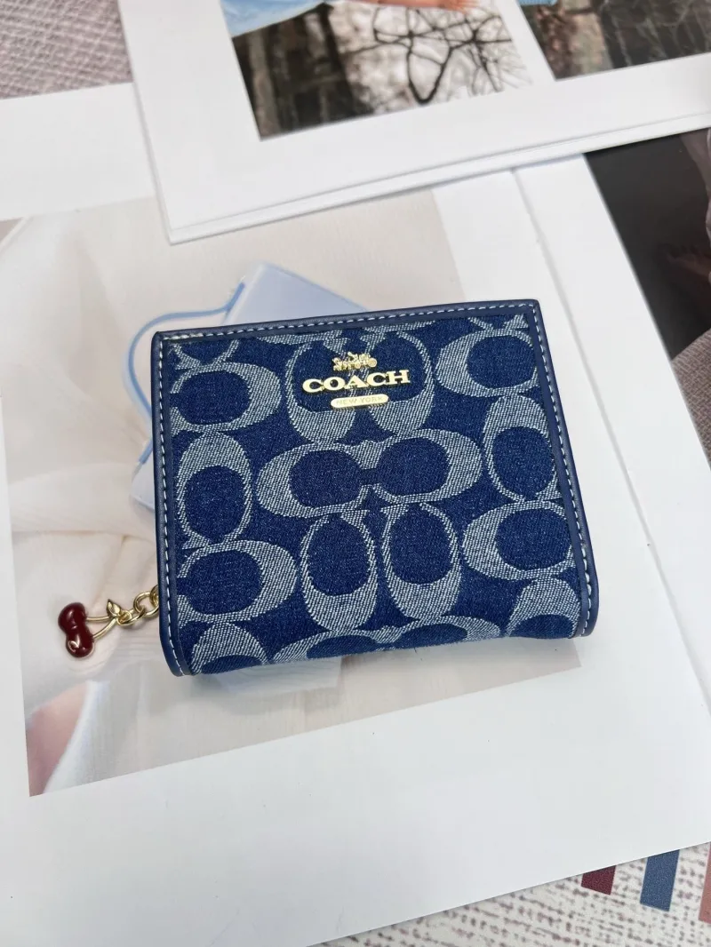 Coach Blue Denim Compact Wallet with Cherry Charm