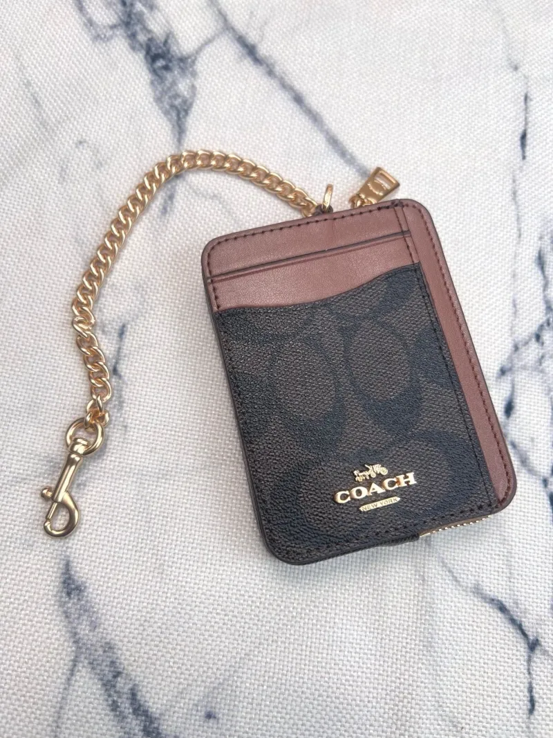 Coach Brown Signature Zip Card Case with Chain