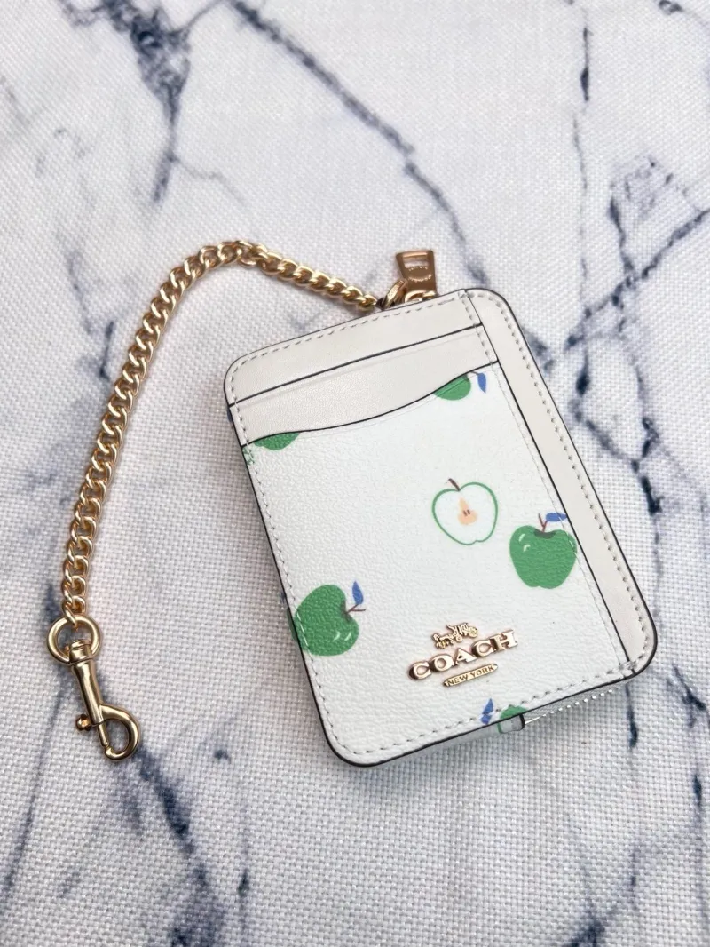 Coach White Green Apple Print Zip Card Case with Chain Strap