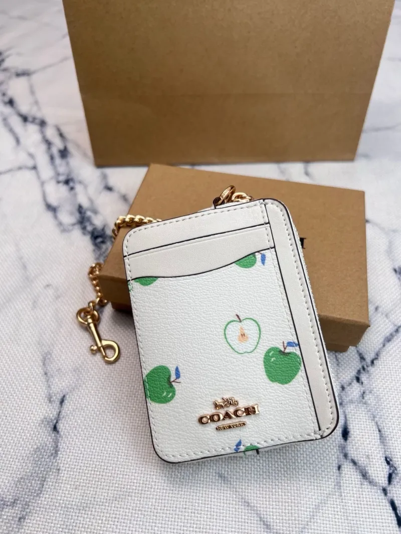 Coach White Green Apple Print Zip Card Case with Chain Strap - Image 3