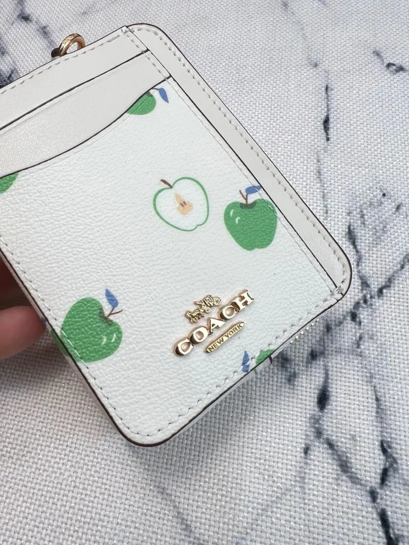 Coach White Green Apple Print Zip Card Case with Chain Strap - Image 4