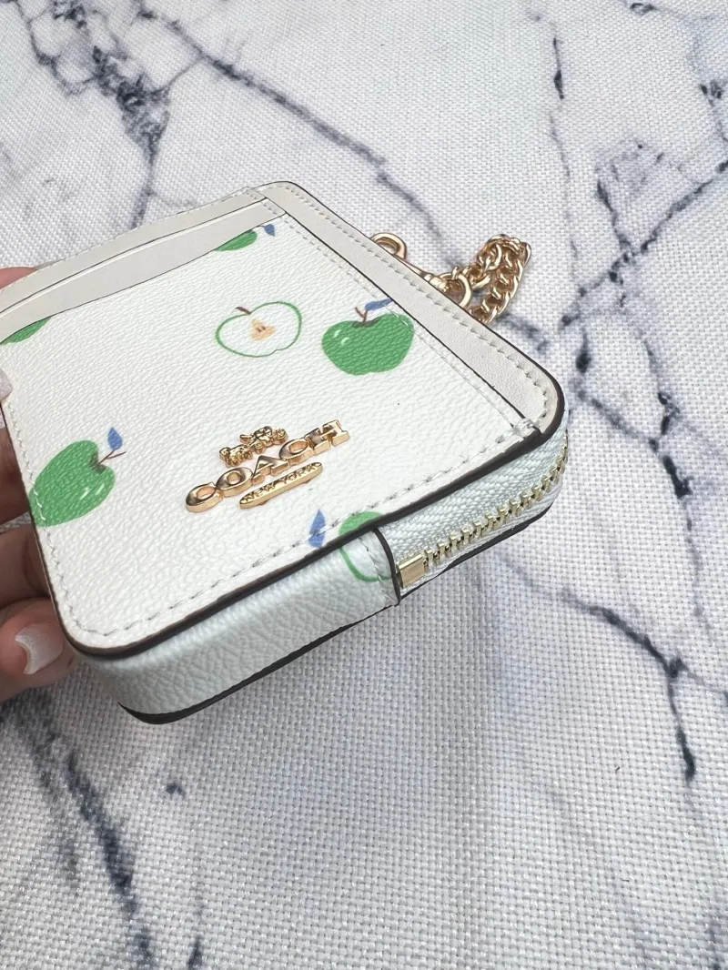 Coach White Green Apple Print Zip Card Case with Chain Strap - Image 5