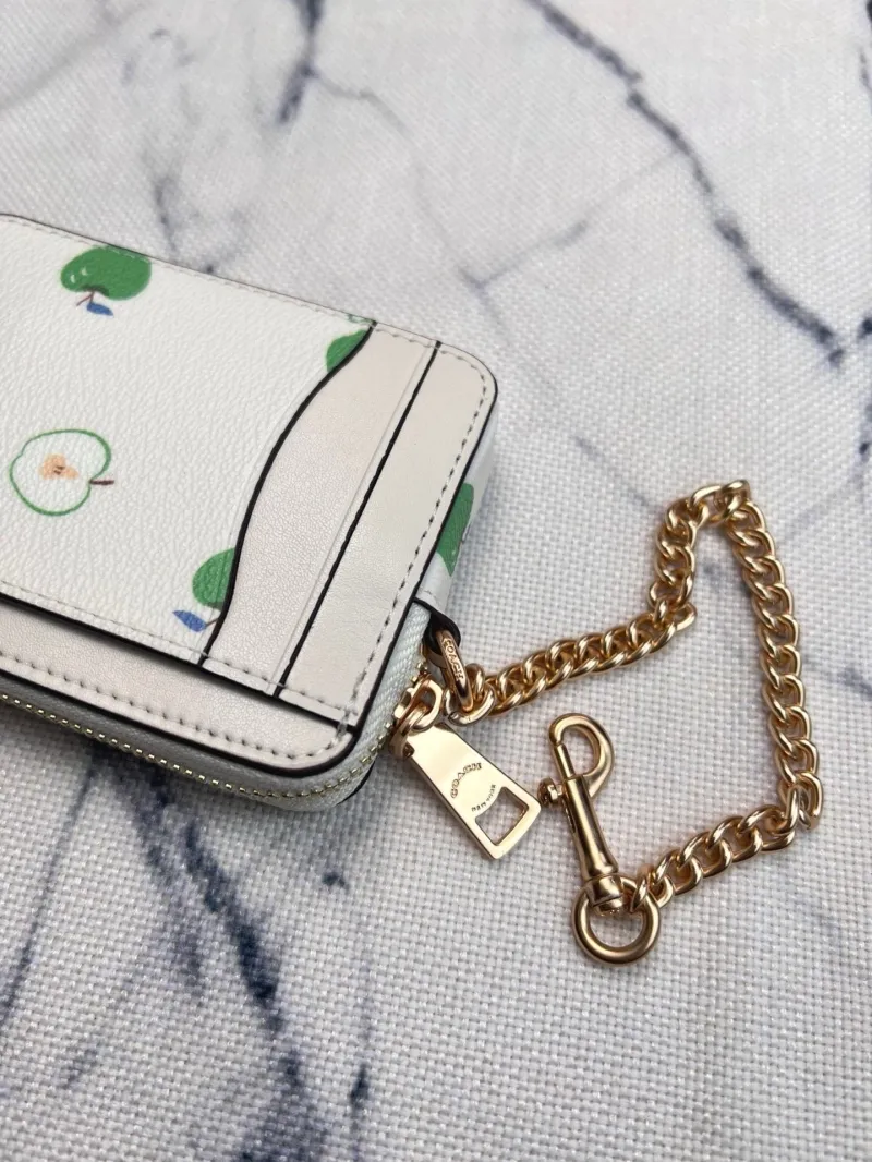 Coach White Green Apple Print Zip Card Case with Chain Strap - Image 6