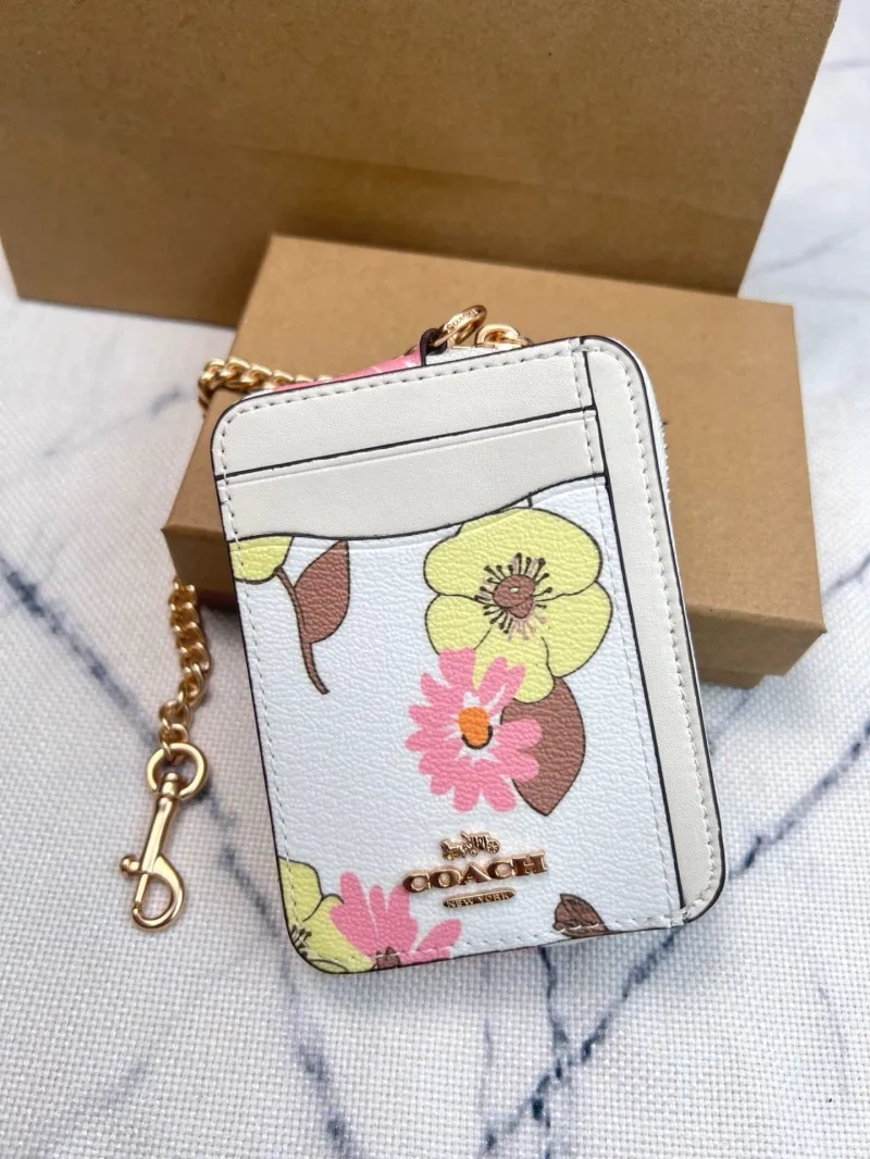 Coach White Floral Print Zip Card Case with Chain - Image 3