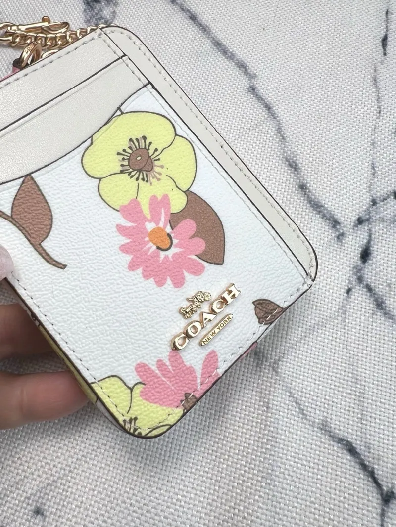 Coach White Floral Print Zip Card Case with Chain - Image 4