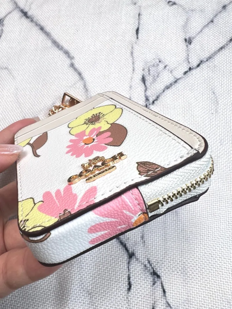 Coach White Floral Print Zip Card Case with Chain - Image 5