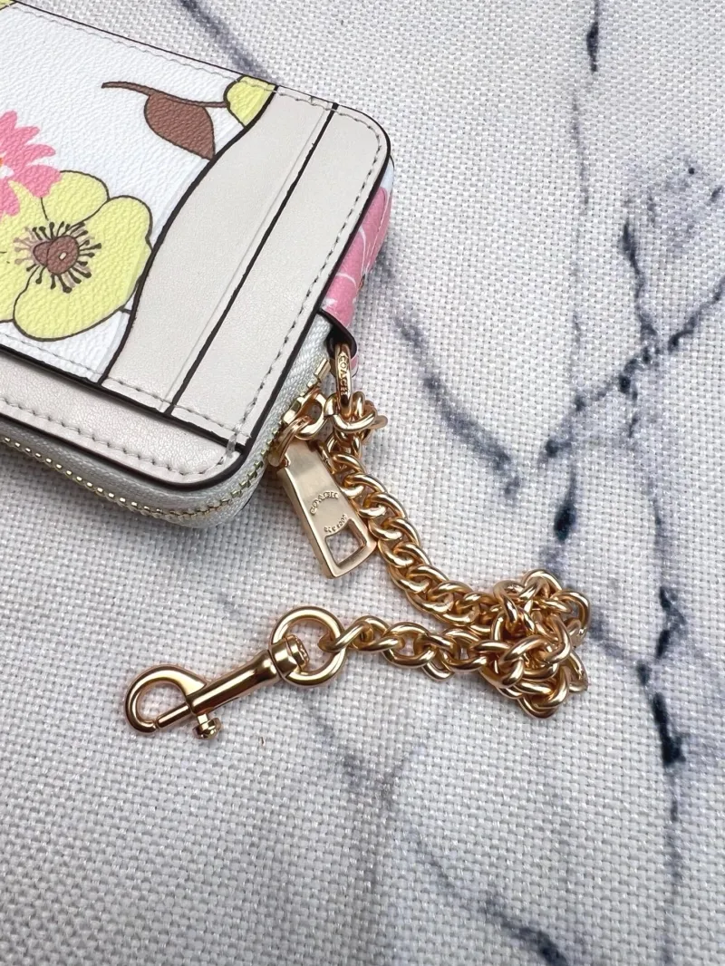 Coach White Floral Print Zip Card Case with Chain - Image 6