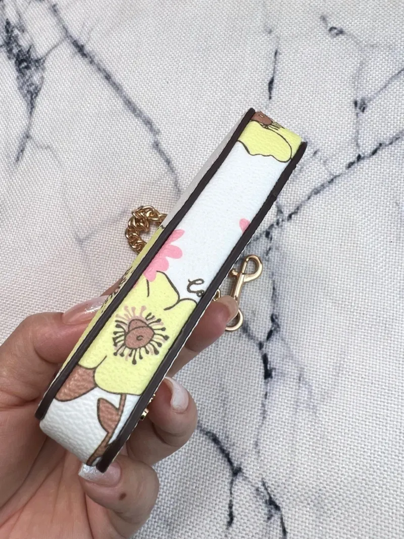 Coach White Floral Print Zip Card Case with Chain - Image 8