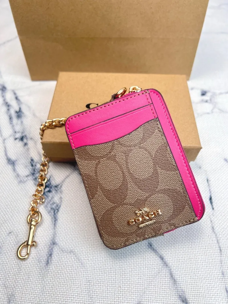 Coach Zip ID Card Case with Chain Khaki Pink - Image 3