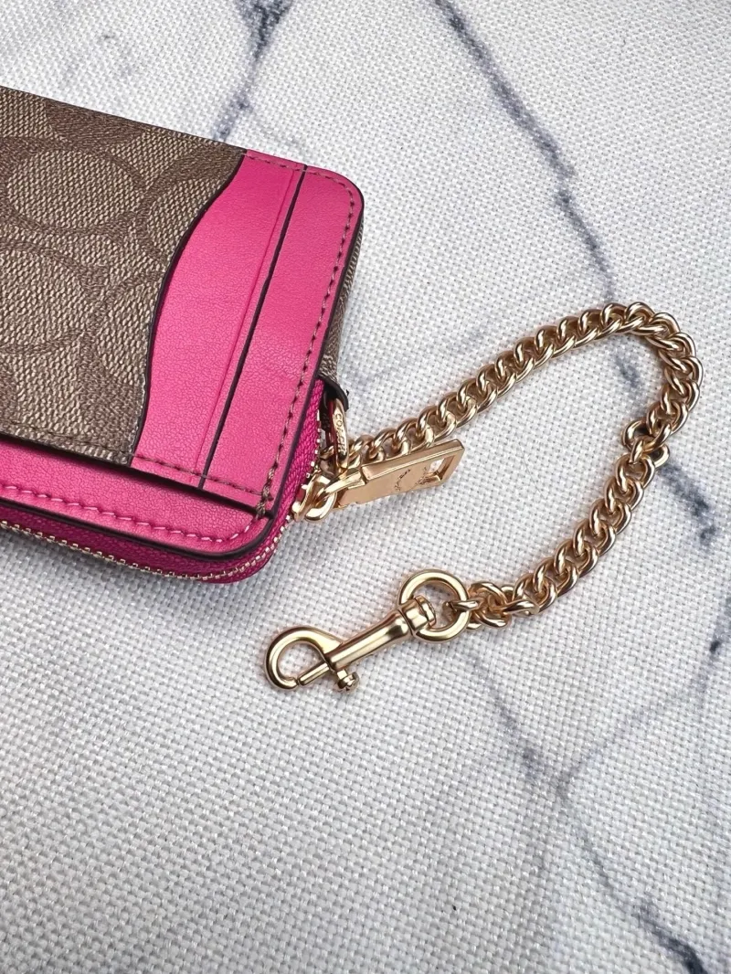 Coach Zip ID Card Case with Chain Khaki Pink - Image 5