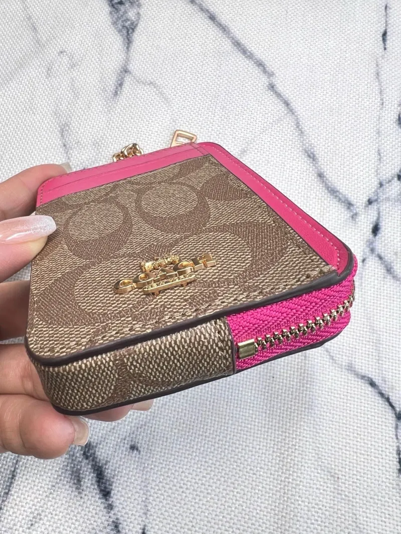 Coach Zip ID Card Case with Chain Khaki Pink - Image 6