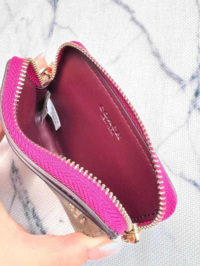 Coach Zip ID Card Case with Chain Khaki Pink - Image 9