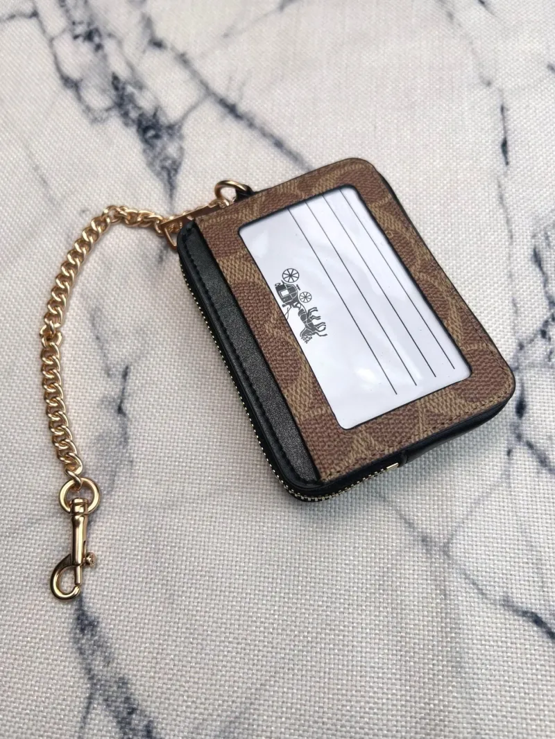 Coach Brown Black Zip Card Case with Chain - Image 3