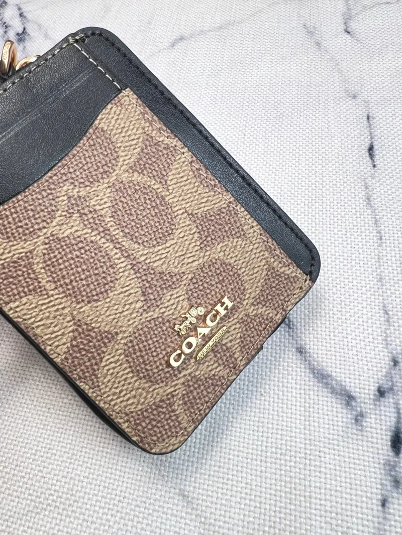 Coach Brown Black Zip Card Case with Chain - Image 4