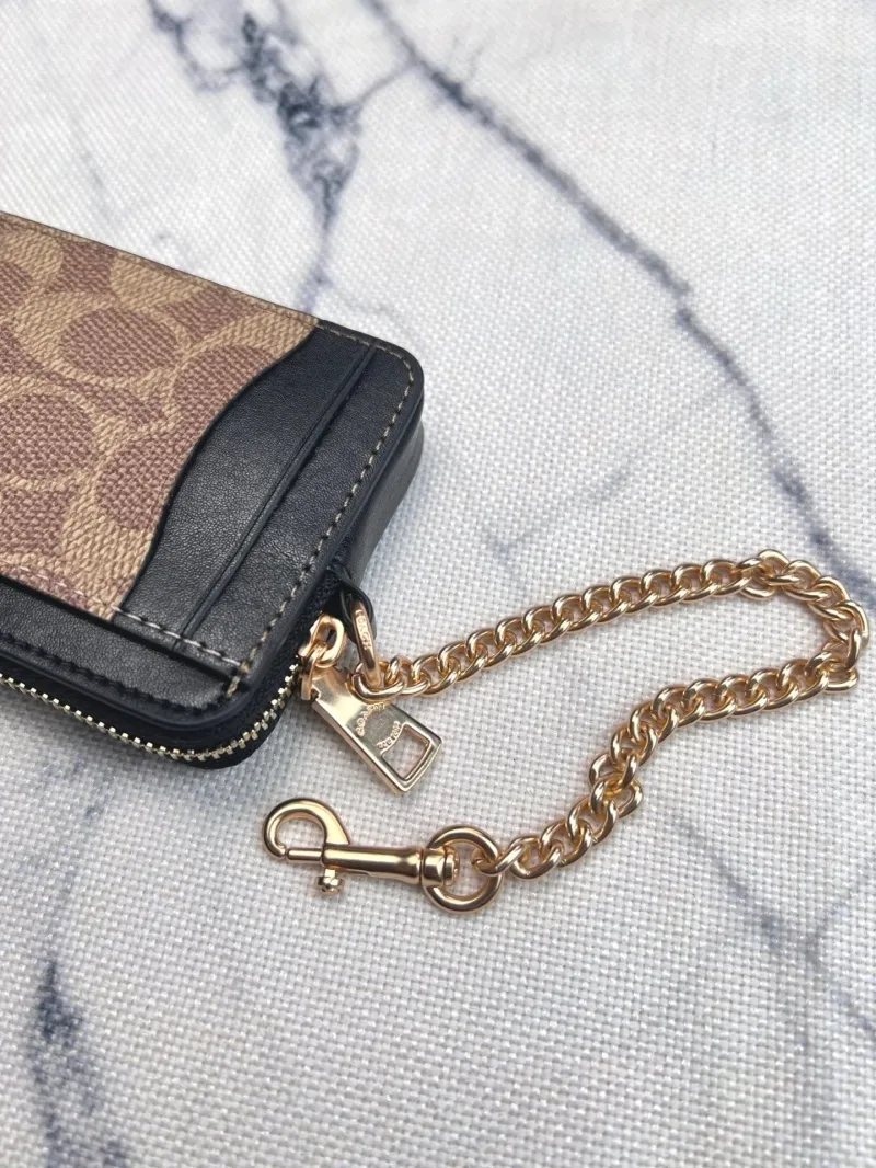 Coach Brown Black Zip Card Case with Chain - Image 5