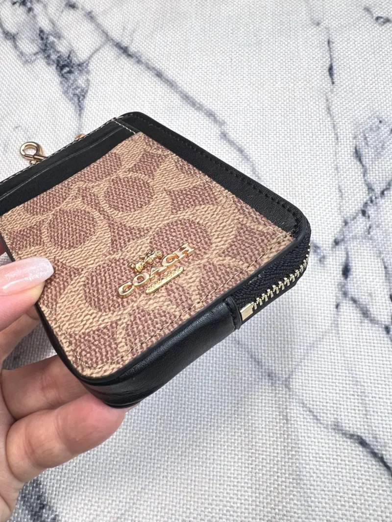Coach Brown Black Zip Card Case with Chain - Image 6