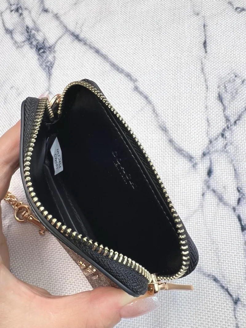 Coach Brown Black Zip Card Case with Chain - Image 9