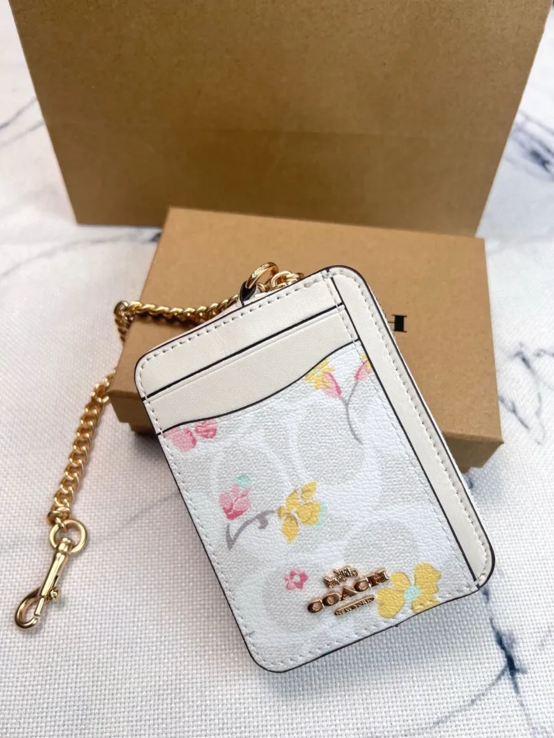 Coach White Floral Zip Card Holder with Chain - Image 3