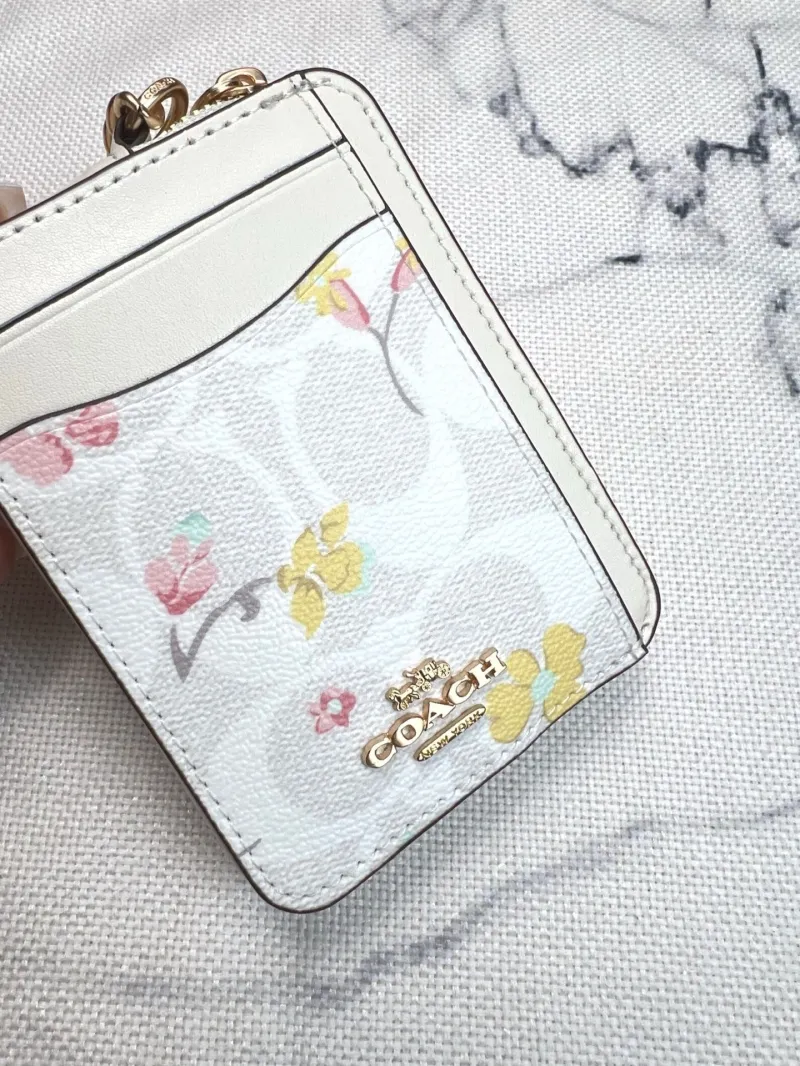 Coach White Floral Zip Card Holder with Chain - Image 4