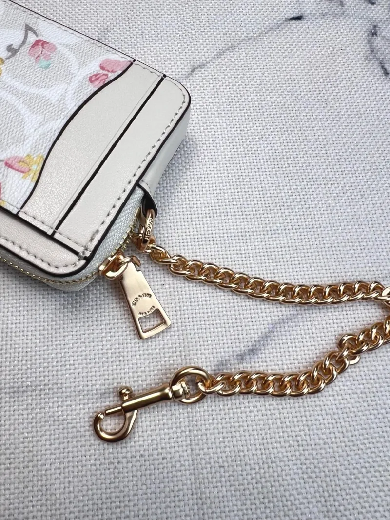 Coach White Floral Zip Card Holder with Chain - Image 6