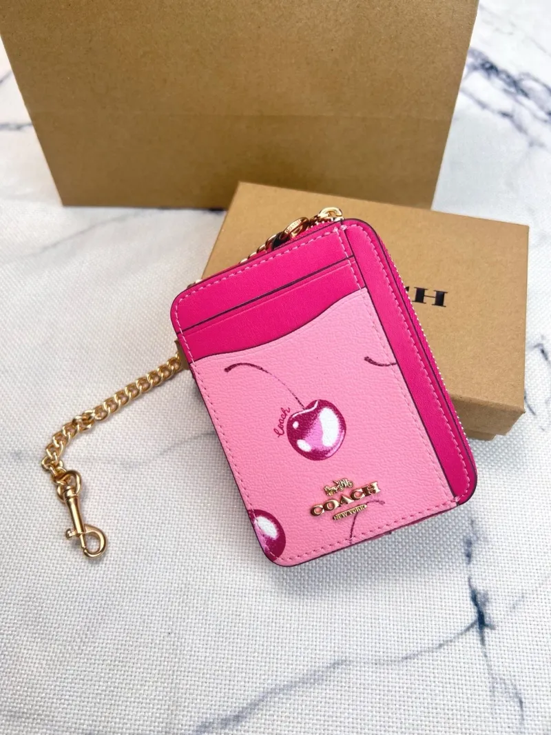 Coach Pink Cherry Print Zip Card Case Wallet - Image 3