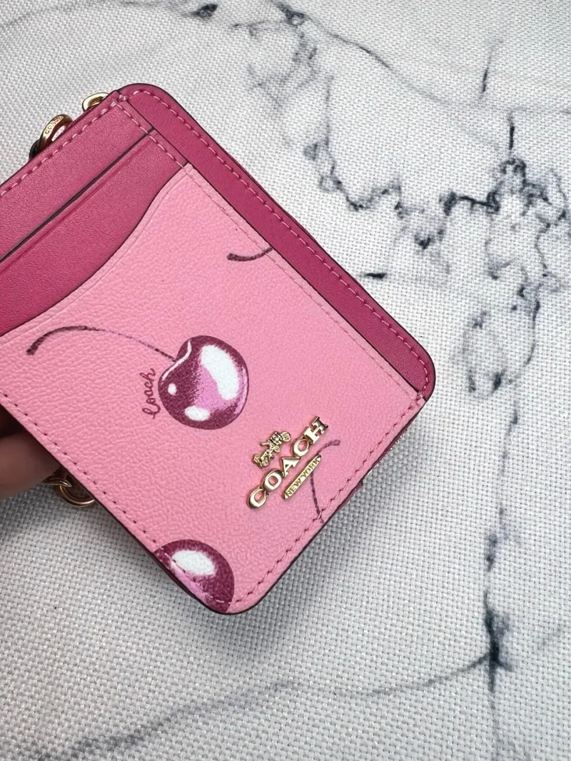 Coach Pink Cherry Print Zip Card Case Wallet - Image 4